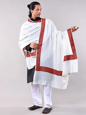 Pure Wool Extra-Wide Shawl with Embroidered Paisley Border