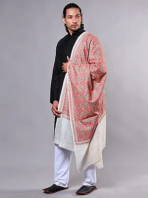 Men's Pure Wool Shawl from Amritsar with Intricate Thread Embroidered Floral Quatrefoil Patterns 