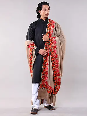Wool Shawl from Amritsar with Aari Embroidered Floral Border in Multi-Color Thread