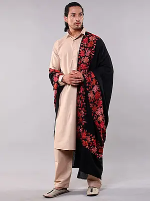 Wool Shawl from Amritsar with Aari Embroidered Floral Border in Multi-Color Thread