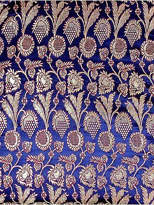 Cobalt-Blue Brocade with Golden Thread Weave Tibetan Flowers