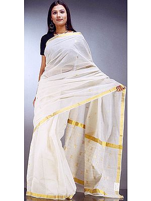 Cream Kerala Cotton Sari with Golden Border