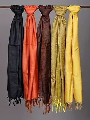 Lot of Five Pure Silk Scarves with Tanchoi Weave