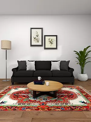 Pure White & Red Chainstitch Embroidered Carpet with Tassels and Traditional Motifs from Kashmir