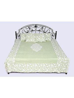 Quiet-Green Five Piece Full XL Size Bedspread with Aari Embroidered Maple Leaves and Pillow Cases-Cushion Covers