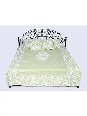 Quiet-Green Five Piece Full XL Size Bedspread with Aari Embroidered Maple Leaves and Pillow Cases-Cushion Covers