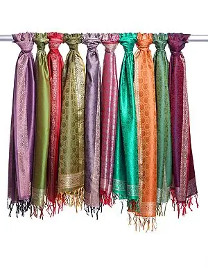 Lot of Ten Banarasi Scarves with Floral Tanchoi Weave