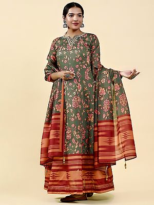 Deep-Green Heavy Chanderi Silk Digital Floral Printed Anarkali Gown with Matching Tassel Dupatta