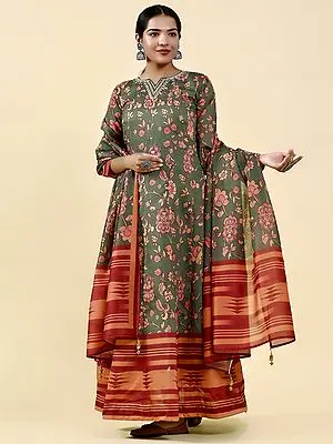 Deep-Green Heavy Chanderi Silk Digital Floral Printed Anarkali Gown with Matching Tassel Dupatta