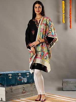 Multi-Color Kantha Thread work Floral Design Semi-Tussar Silk Dupatta From Bengal