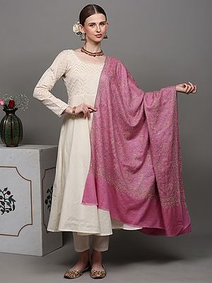 Mauve-Pink Pure Pashmina Shawl with Sozni Hand Embroidered Foliage Vines