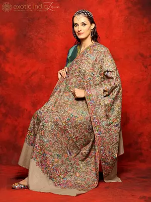 Pashmina Toosh Papier Mache Bird-Floral Motif Multicolored Embroidery Jamawar Shawl