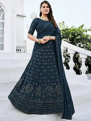 Teal-Blue Georgette Thread-Sequins Embroidered Lehenga Choli and Matching Dupatta