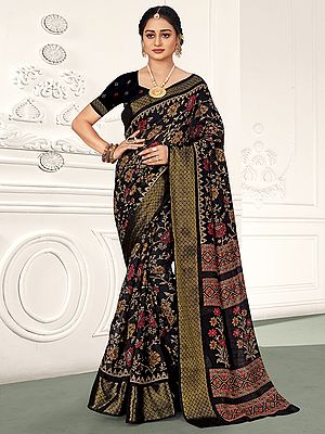 Cotton Saree with Blouse and Floral Vine Pattern Print