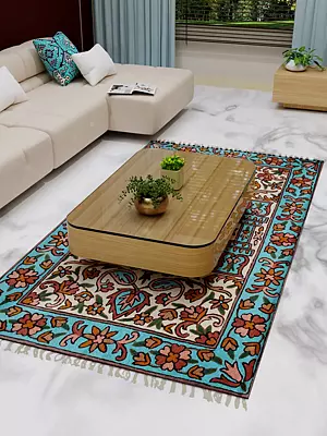 Blue Grotto and Alabaster Gleam Cashmere Wool Chain Stitched Embroidered Carpet with Tassels and Traditional Motifs from Kashmir