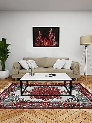 Pure White Rug with True Red Border Silk Thread Chain Stitched Embroidered Carpet with Tassels and Traditional Motifs from Kashmir