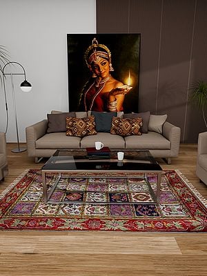 Multicolored Kashmiri Rug with Fine Silk Thread Embroidery with Block Motifs and Border