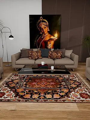 Charcoal Black and Pearl White Rug with Wool Thread Hand Embroidered Mughal Motifs