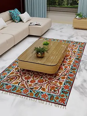 Off White Chainstitched Embroidery Kashmiri Rug with Ruby Mughal Motifs and River Blue Border