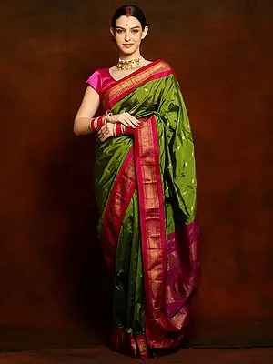 Pure Silk Banarasi Lush Green Saree with Zari Butta and Bright Magenta Zari Border