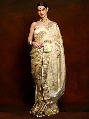 Pearl White Pure Silk Banarasi Saree with Golden Zari Brocade Threadwork Butta all over