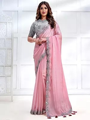 Crepe Satin Silk Cord, Sequins, Stone Embroidered Pink Saree With Grey Blouse