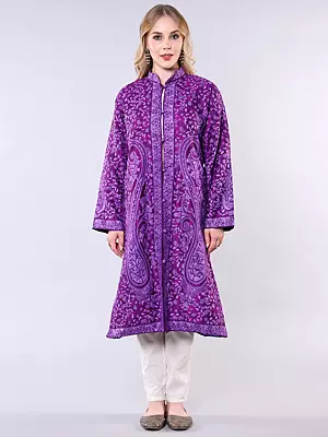 Deep-Orchid Pure Silk Long Jacket With All-Over Floral-Paisley Aari-Embroidery by Hand