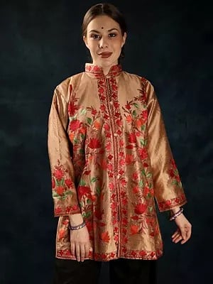 Maple-Sugar Silk Floral Aari Embroidered Short Jacket from Kashmir