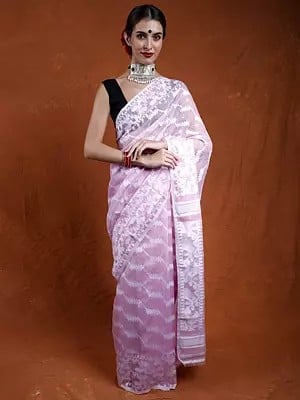 Pink-Tulle Pure Cotton Jamdani Saree from Bangladesh with All-Over Woven Motifs