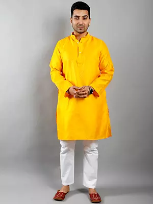 Festival Cotton Mikado Yellow Kurta And White Pajama Set For Men