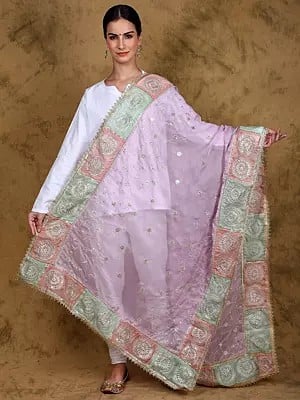 Lavender-Frost Zari Gota Patti Dupatta from Amritsar with Chakra Motifs Border