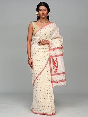 Ivory Pure Cotton Jamdani Handloom Saree with All-Over Woven Bootis from Bengal