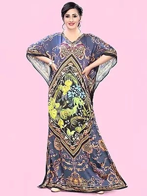 Montana-Grape Printed Satin Long Kaftan with Stone work on Neck