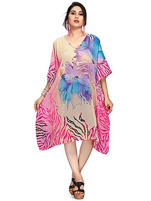 Cream-Tan Georgette Short Kaftan with Floral Print