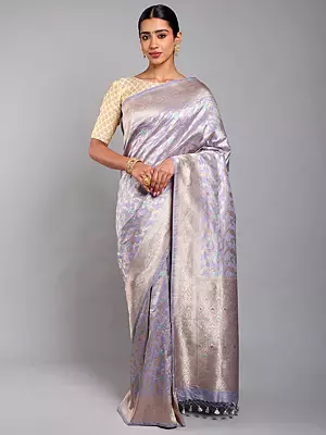 Icelandic-Blue Brocaded Meenakari Pure Silk Banarasi Saree with Zari Woven Floral Jaal