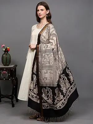 Summer-Sand Kalamkari Dupatta from Telangana with Krishna Leela of Breaking the Gopis Pot and Nandi