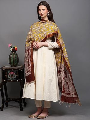 Lemon-Yellow Sita-Ram Swayamvar Print Kalamkari Dupatta with All-Over Floral Pattern and Zari Border from Telangana