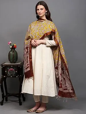Lemon-Yellow Sita-Ram Swayamvar Print Kalamkari Dupatta with All-Over Floral Pattern and Zari Border from Telangana