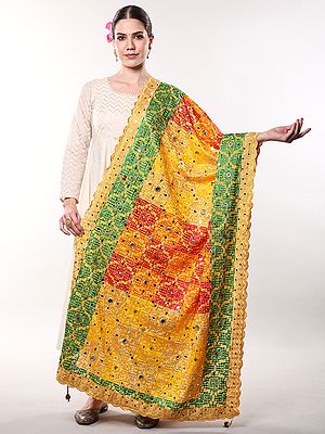 Multicolor Thread Embroidered Phulkari Dupatta with Bead-Mirror work and Scalloped Border from Amritsar