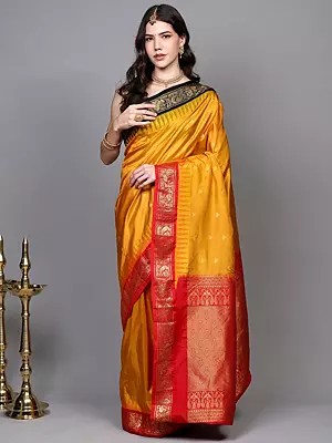 Saree from Bangalore and Contrast Temple Border with Intricate Zari woven Peacocks