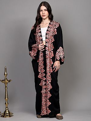 Jet-Black Wool Long Shrug with Aari Embroidered Floral Border