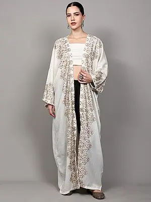 Wool Long Shrug with Aari Embroidered Floral Border