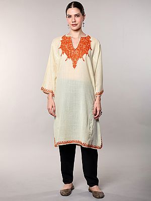 Kashmiri Phiran with Aari Embroidered Paisleys and Floral on Neck