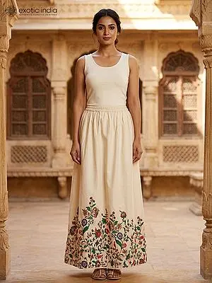 Cannoli-Cream Floral Printed Long Skirt with Elastic Waist