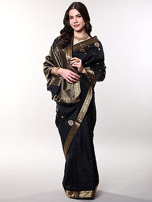Jet-Black Pure Silk Saree with Intricate Zari Woven Bootis and Phool Bail Border from Bangalore