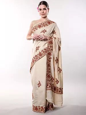 Creme-Brulee Kashmiri Saree with Aari Embroidered Floral Border and Pallu