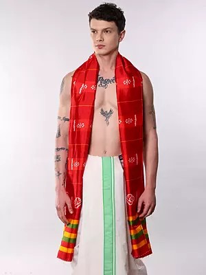 True-Red Tussar Silk Angavastram with Printed Religious Symbols and Multicolor Border