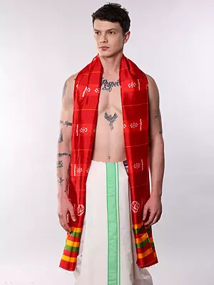 True-Red Tussar Silk Angavastram with Printed Hindu Religious Symbol and Multicolor Border from Odiasa