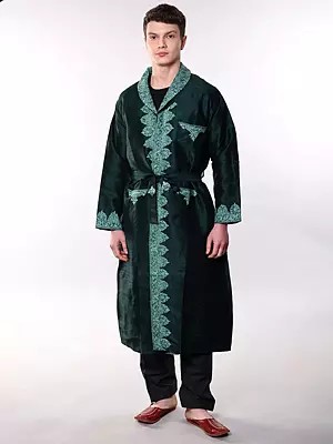 Kashmiri Silk Robe: Aari Embroidered Paisley and Floral Border