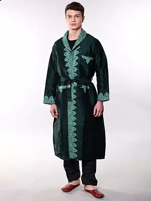 Pure Silk Robe from Kashmir with Aari Embroidered Paiselys and Flowers Border